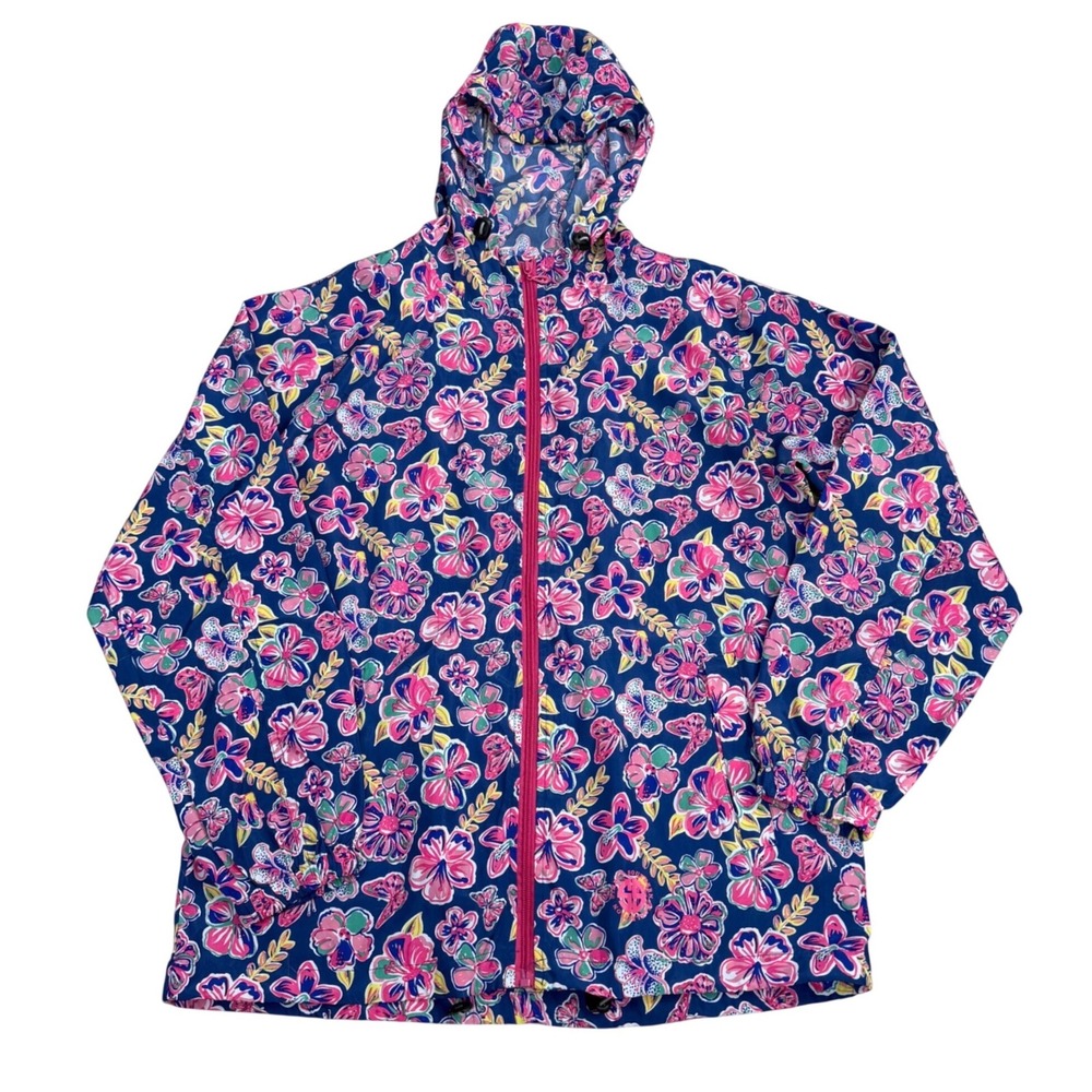 Simply Southern Floral Rain Jacket Women Large Navy Tropical